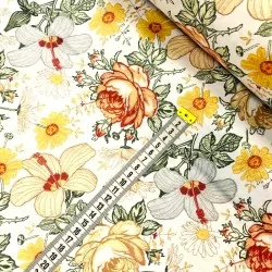Fabric Cotton Hibiscus Roses and Yellow Flowers | Wolf Fabrics