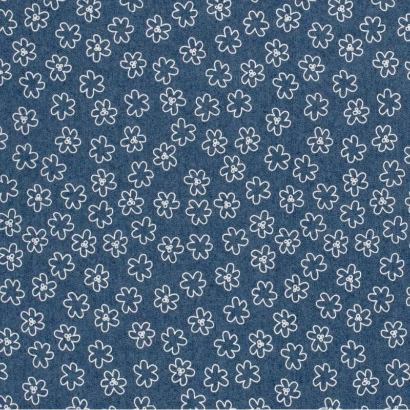 Fabric Jean light blue stretch printed white flowers  | Wolf Fabrics