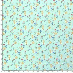 Fabric Jersey Cotton Rabbits and flowers light turquoise background| Wolf Fabrics