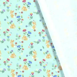 Fabric Jersey Cotton Rabbits and flowers light turquoise background| Wolf Fabrics