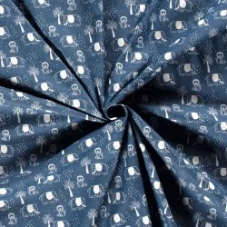 Fabric Jean light blue stretch printed Elephant Lion and Palm tree  | Wolf Fabrics