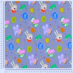 Fabric Jersey Cotton Peppa Pig and Emilie Elephant Grey Background | Wolf Fabrics