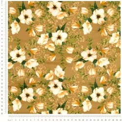 Fabric Cotton Philadelphus White Flowers Mustard Background| Wolf Fabrics