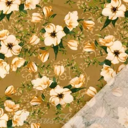 Fabric Cotton Philadelphus White Flowers Mustard Background| Wolf Fabrics