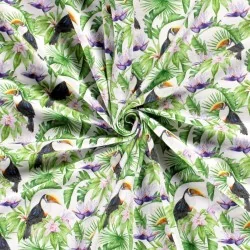 Jersey Fabric Toucan and Tropical Exotic Flowers | Wolf Fabric