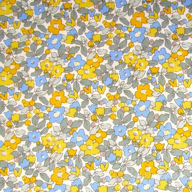 Fabric Cotton Small Yellow and Blue Flowers | Wolf Fabrics