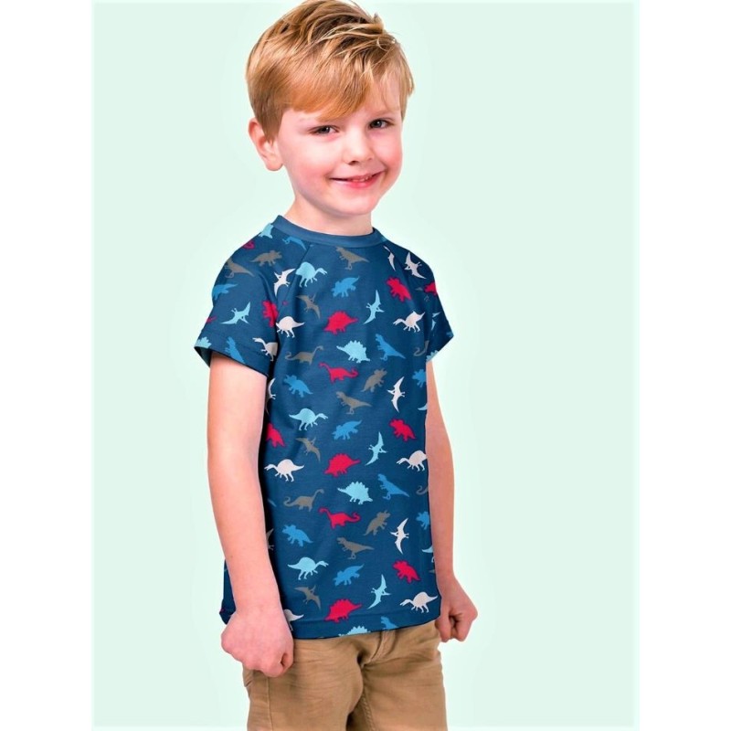 Multicolored dinosaur patterned cotton jersey fabric