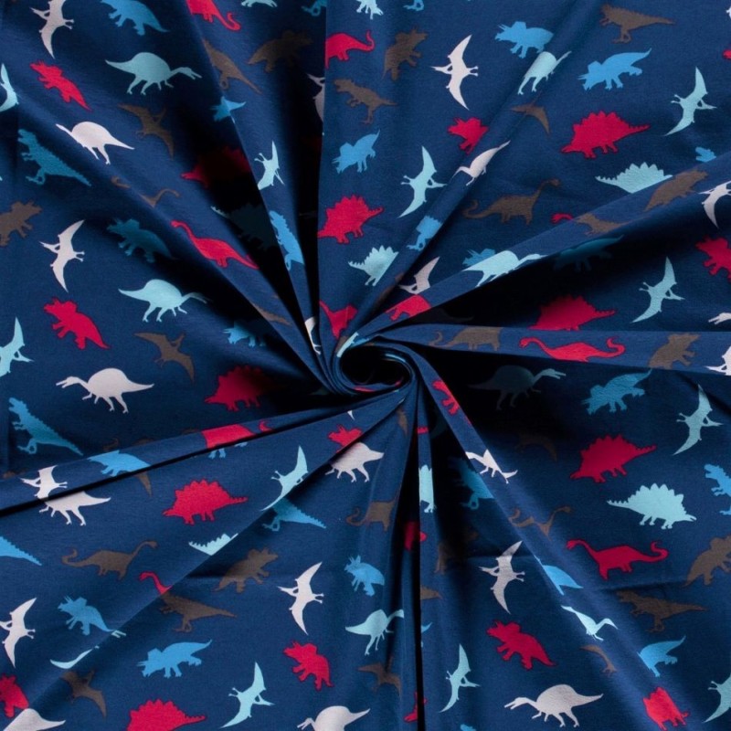 Multicolored dinosaur patterned cotton jersey fabric