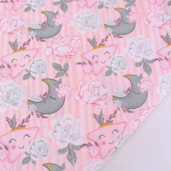 Fabric Cotton Moon Star Flower and Pink Stripes | Wolf Fabrics