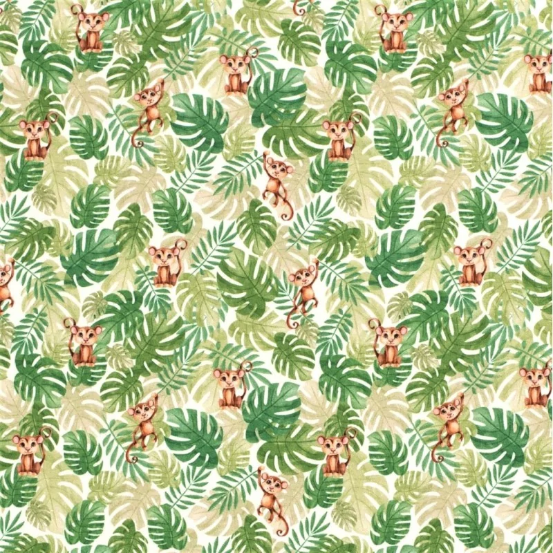 Jersey Fabric Little Monkey and Monstera Foliage | Wolf Fabric