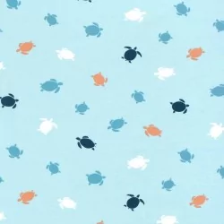 Fabric Jersey Cotton Marine Turtles  turquoise blue background| Wolf Fabrics