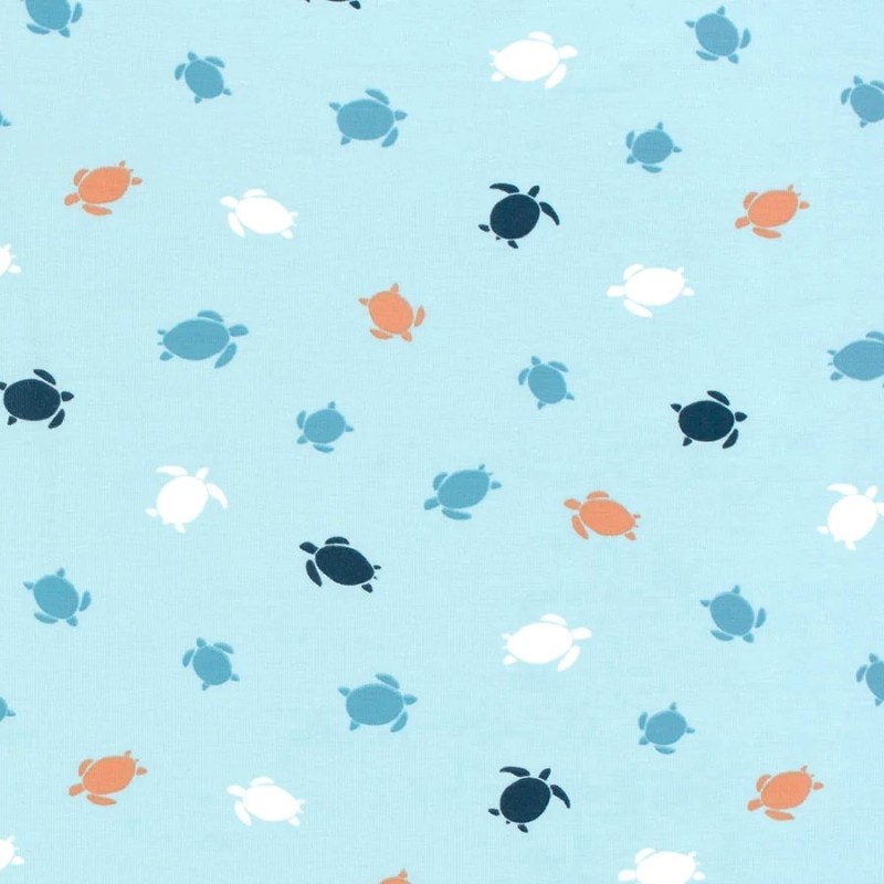 Fabric Jersey Cotton Marine Turtles  turquoise blue background| Wolf Fabrics
