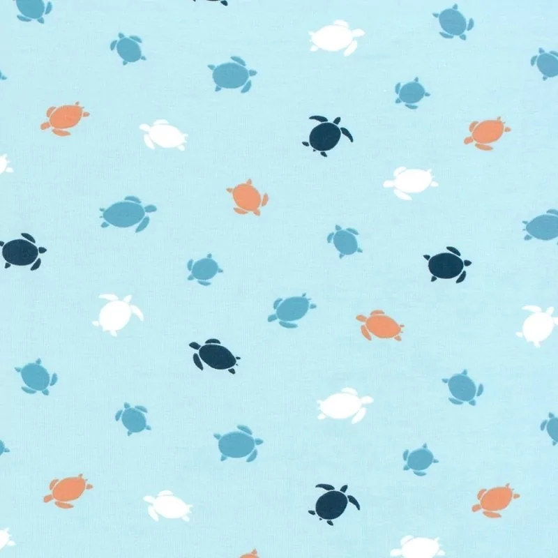 Fabric Jersey Cotton Marine Turtles  turquoise blue background| Wolf Fabrics