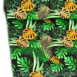 Fabric Cotton Monstera and Palm Leaves Black Background | Wolf Fabrics