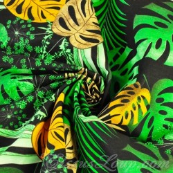 Fabric Cotton Monstera and Palm Leaves Black Background | Wolf Fabrics