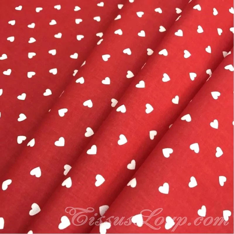 Fabric Cotton White Hearts Red Background | Wolf Fabrics