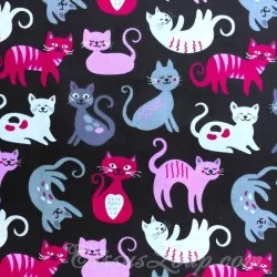 Fabric cotton Cute Cats Pink Grey and White black background | Wolf Fabrics