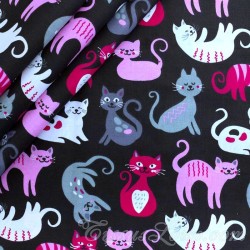 Fabric cotton Cute Cats Pink Grey and White black background | Wolf Fabrics