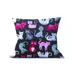 Fabric cotton Cute Cats Pink Grey and White black background | Wolf Fabrics