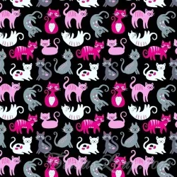 Fabric cotton Cute Cats Pink Grey and White black background | Wolf Fabrics