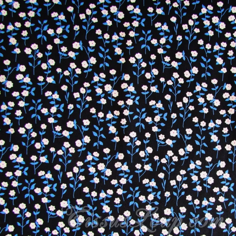 Fabric Cotton  White Flowers Blue Leaves | Wolf Fabrics