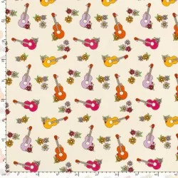 Fabric Jersey Cotton Colorful Guitars and Flowers | Wolf Fabrics