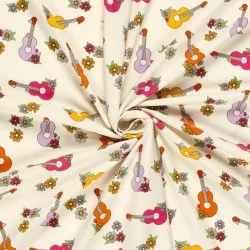 Fabric Jersey Cotton Colorful Guitars and Flowers | Wolf Fabrics