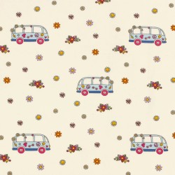 Fabric Jersey Cotton VW Bus Peace and Love and Flowers | Wolf Fabrics