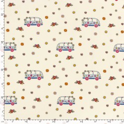 Fabric Jersey Cotton VW Bus Peace and Love and Flowers | Wolf Fabrics