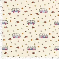 Fabric Jersey Cotton VW Bus Peace and Love and Flowers | Wolf Fabrics