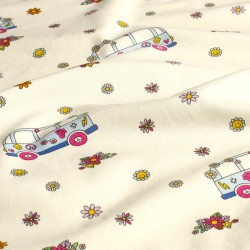 Fabric Jersey Cotton VW Bus Peace and Love and Flowers | Wolf Fabrics