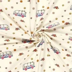 Fabric Jersey Cotton VW Bus Peace and Love and Flowers | Wolf Fabrics