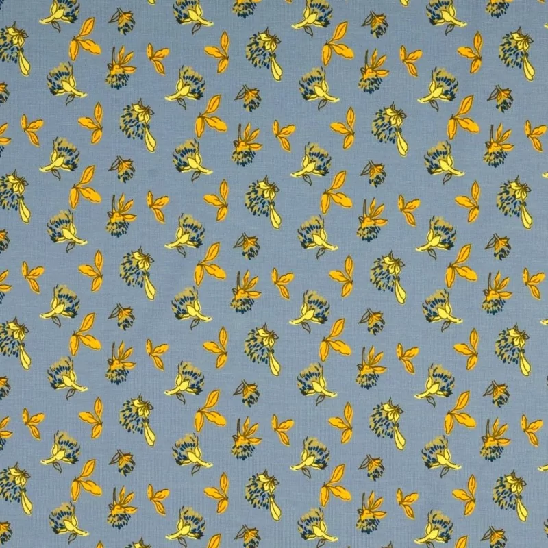 Fabric Jersey Field Flowers on Blue Grey Background | Wolf Fabric