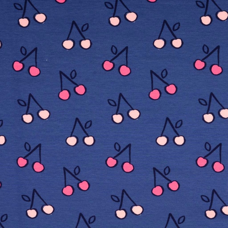 Fabric French Terry Cherry Navy Blue Background | Wolf Fabrics