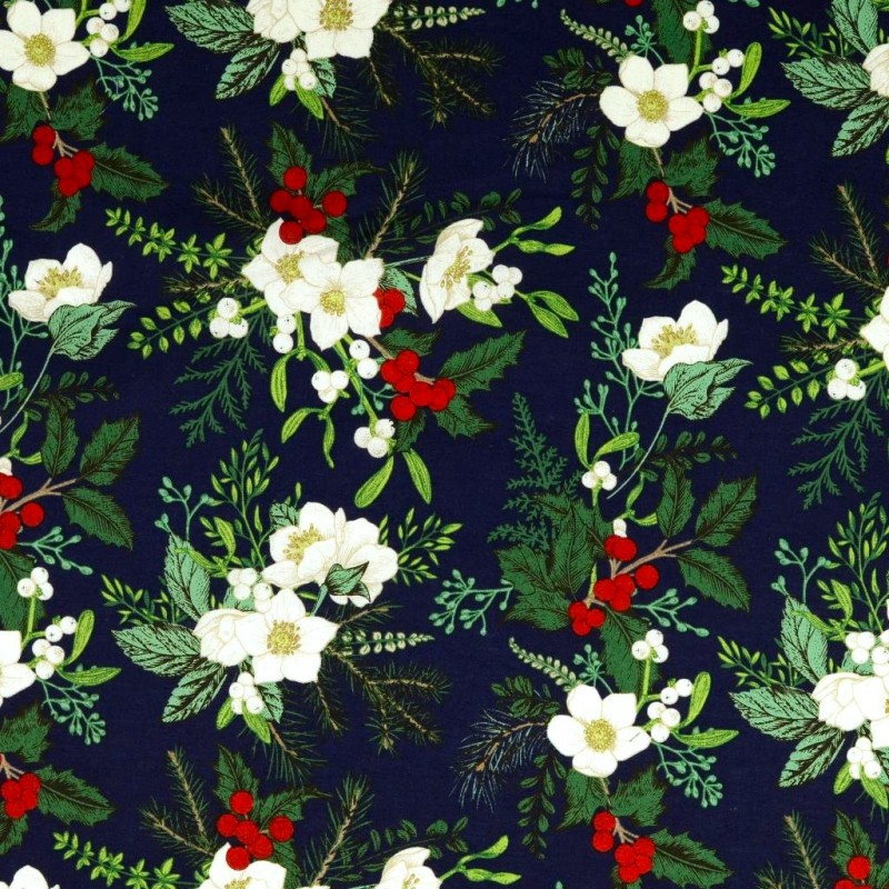 Fabric Cotton Christmas Bouquet navy blue background |  Wolf Fabrics