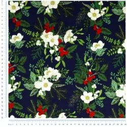 Fabric Cotton Christmas Bouquet navy blue background |  Wolf Fabrics