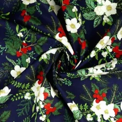 Fabric Cotton Christmas Bouquet navy blue background |  Wolf Fabrics