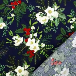 Fabric Cotton Christmas Bouquet navy blue background |  Wolf Fabrics