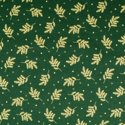 Fabric Cotton Golden Christmas Branches Green Background |  Wolf Fabrics