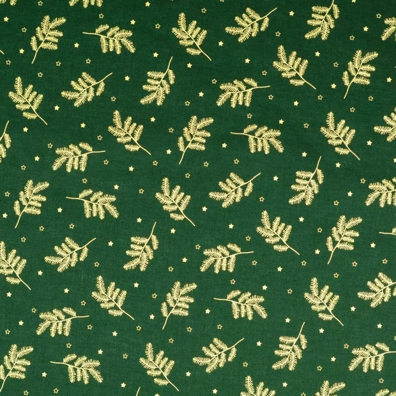 Fabric Cotton Golden Christmas Branches Green Background |  Wolf Fabrics