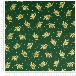 Fabric Cotton Golden Christmas Branches Green Background |  Wolf Fabrics