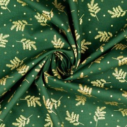 Fabric Cotton Golden Christmas Branches Green Background |  Wolf Fabrics