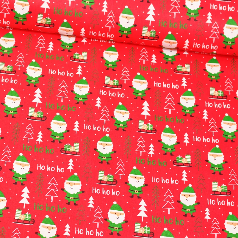 Fabric Cotton Green Santa Claus Ho ho ho | Wolf Fabrics