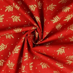 Fabric Cotton Golden Christmas Branches Red Background |  Wolf Fabrics