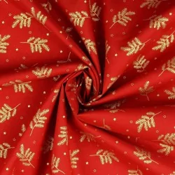 Fabric Cotton Golden Christmas Branches Red Background |  Wolf Fabrics