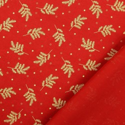 Fabric Cotton Golden Christmas Branches Red Background |  Wolf Fabrics