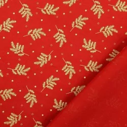 Fabric Cotton Golden Christmas Branches Red Background |  Wolf Fabrics