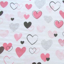 Fabric Double Gauze Cotton Pink and Gray Hearts | Wolf Fabrics