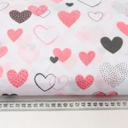 Fabric Double Gauze Cotton Pink and Gray Hearts | Wolf Fabrics