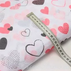 Fabric Double Gauze Cotton Pink and Gray Hearts | Wolf Fabrics